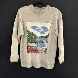 Vintage Lizsport Woman’s Sweater Size S Beige Landscape Knit Long Sleeve